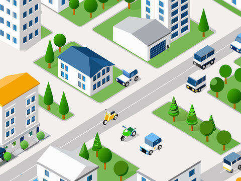 Isometric illustration of a modern city with buildings roads and vehicles