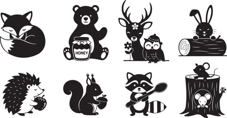 Obraz premium Black and white cartoon animals in various poses and activities