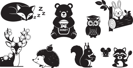 Obraz premium Black and white of various sleeping and active forest animals