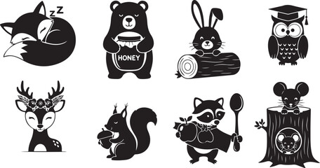 Black and white cartoon animals in various poses and activities 1 © Sagor_offlcial store