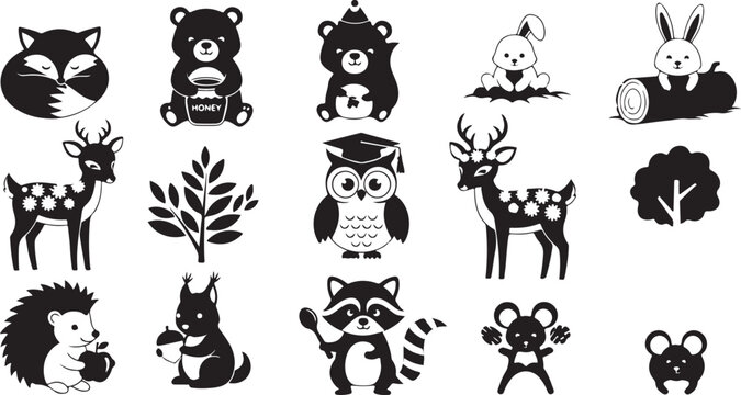 Black and white of various animals and nature raccoon bear honey