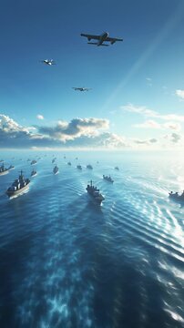 China Taiwan war concept showing naval aircraft flying above fleet of warships, strategic military operation, ultra realistic ocean scene, Vast navy fleet sails under clear blue sky. Aircraft fly over