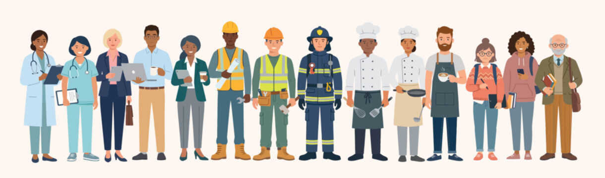 Diverse group stands united in a line. Everyone smiles warmly, showing pride and unity. People represent many professions and cultures. Illustration features clean, modern desig
