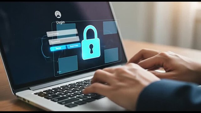 Person typing on laptop with secure login screen and padlock icon