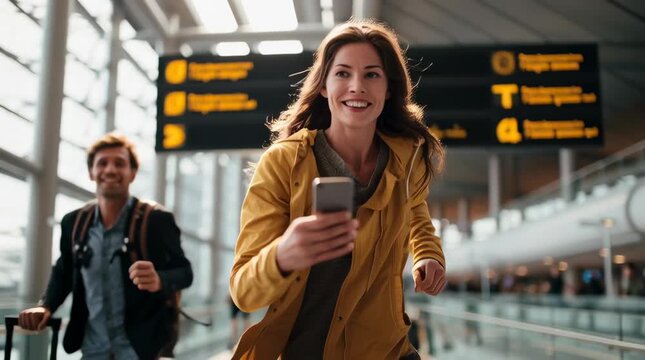 energetic travel lifestyle campaign image of two international travelers rushing through a modern airport arrivals hall, woman running forward holding smartphone high instead of passport, man behind p