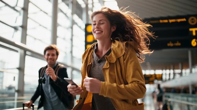 energetic travel lifestyle campaign image of two international travelers rushing through a modern airport arrivals hall, woman running forward holding smartphone high instead of passport, man behind p