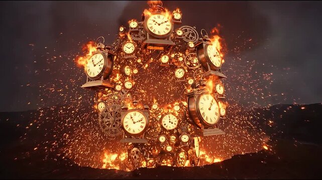 Spiral of ancient clocks in fiery time vortex concept. Surreal fiery ring with floating clocks over volcanic crater at night with sparks and smoke