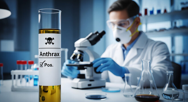 Scientist in protective gear examines positive anthrax sample in laboratory test tube