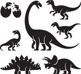 Vector illustration of dinosaur silhouette including Stegosaurus, Brontosaurus, Velociraptor, Triceratops, Tyrannosaurus rex, and Spinosaurus. © FATEMA BEGUM