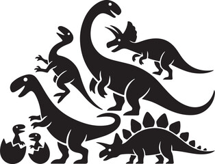 Vector illustration of dinosaur silhouette including Stegosaurus, Brontosaurus, Velociraptor, Triceratops, Tyrannosaurus rex, and Spinosaurus. © FATEMA BEGUM