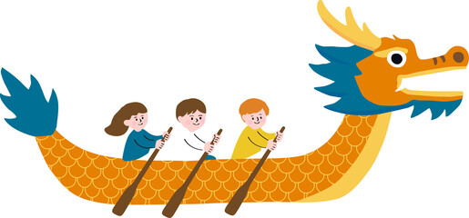 Kids Paddling Traditional Chinese Dragon Boat Vector Illustration © Designina