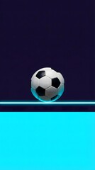 Obraz premium Small soccer ball on indigo and cyan split with glowing line. Modern football concept with strong contrast and large copy space.