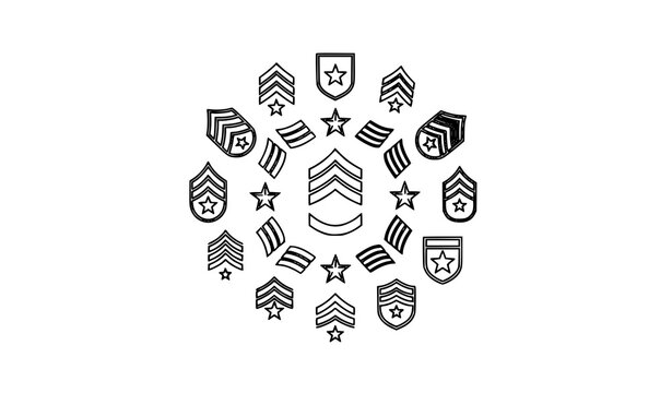 Military badge icon set with army rank chevrons stars shields and patch symbols flat vector collection