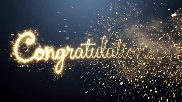 Congratulations Sparkler Text Shimmering with Glitter Bursts on Dark Blue Background
