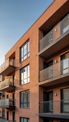Fototapeta premium Modern Red Brick Apartment Building with Balconies and Large Glass Windows in Urban Architecture