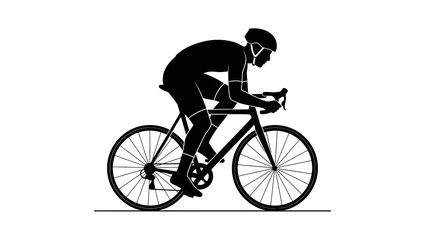 Naklejka premium A black silhouette of a cyclist riding a bicycle in a simple, iconic design against a clean white background, conveying a sense of sports and action.