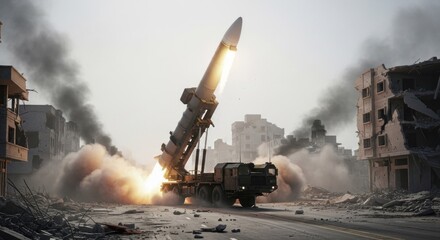 Obraz premium Missile Launch Amidst War-Torn Cityscape.