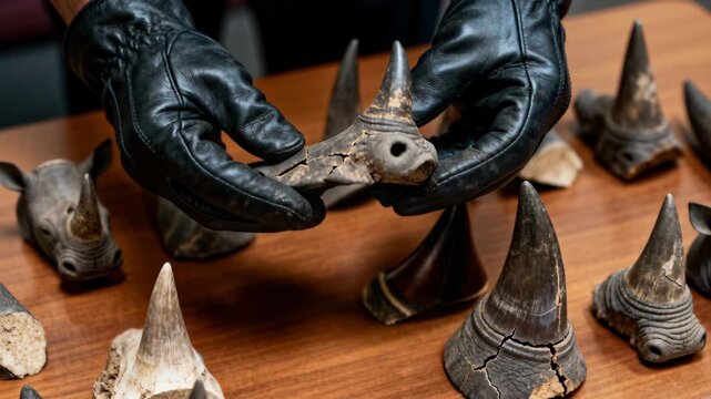Seized rhinoceros horns being examined by officials, illegal wildlife trade and poaching crime.