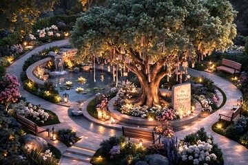 Obraz premium Enchanting illuminated blossom tree in a moonlit formal garden with lanterns, fountains, and winding paths, a luxurious fantasy landscape ideal for wedding editorials