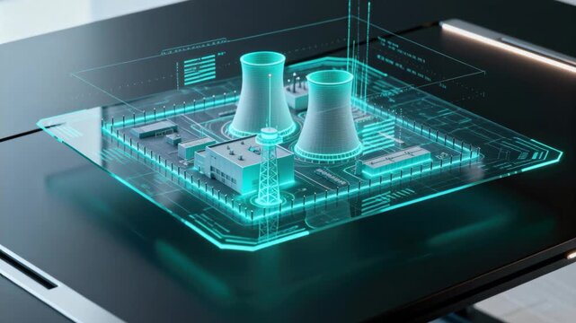 Holographic 3D visualization of a power station factory on a table with digital data elements.
