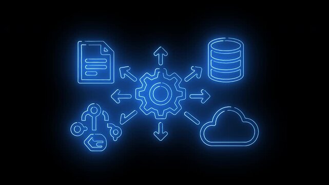 Neon-lit illustration of a gear with arrows pointing to icons of a document, database, cloud, and tools on a black background with a futuristic and technological mood.