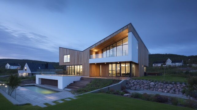 Modern architecture house design with wooden elements and large glass windows surrounded by landscaped yard and tranquil evening sky