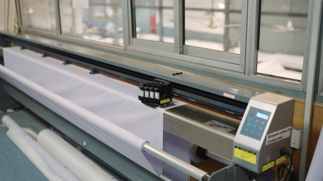 Left moving camera clip showing a large inkjet plotter machine working inside a tent manufacturing factory in Sialkot, Pakistan.