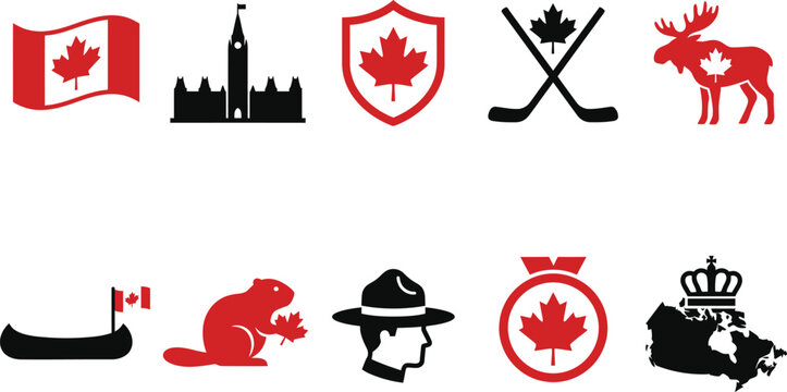 Canada national symbols icon pack with maple shield, flag, parliament, hockey stick, moose, beaver, canoe, mountie hat, crown.