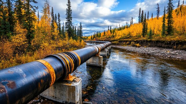 A scenic view of a pipeline running alongside a tranquil river in a vibrant autumn landscape.