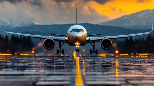 A dynamic airplane preparing for takeoff under a dramatic sunset sky with stunning mountains in the background.