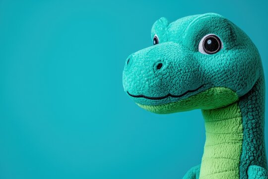 A colorful plush dinosaur toy with vibrant textures against a bright turquoise background.