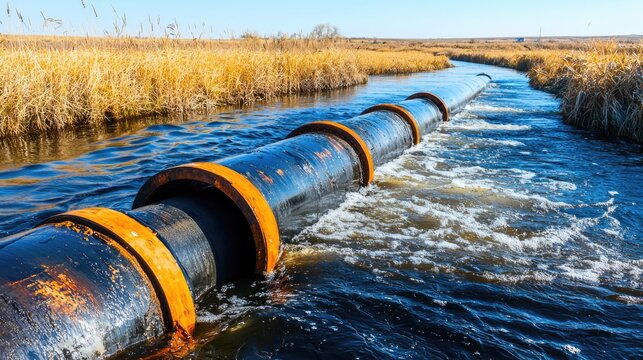 An industrial pipeline running through a marshy landscape with golden grass and flowing water.