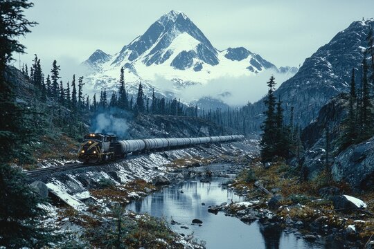 A majestic train traveling through a snowy mountain landscape with a tranquil river flowing beside it.