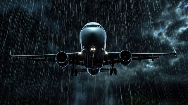 A dramatic airplane flying through a stormy sky with heavy rain and dark clouds.