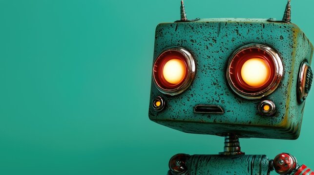 A quirky retro robot character with glowing eyes on a turquoise background.