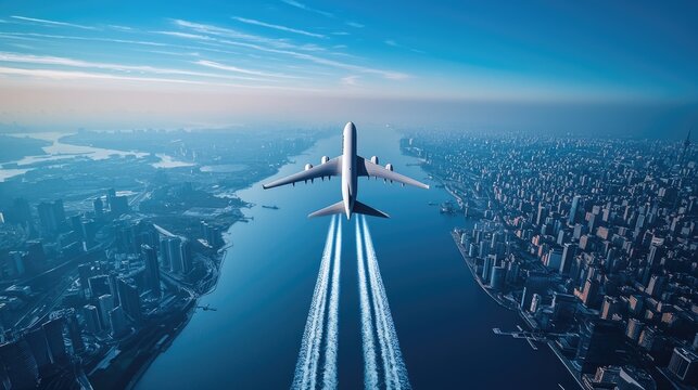 An impressive aerial view of an airplane flying over a bustling city skyline with a winding river below.