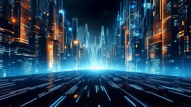 Digital technology building light beams city background