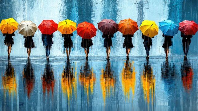 A group of people walking with colorful umbrellas in the rain, reflected in a wet pavement creating a vibrant urban scene.