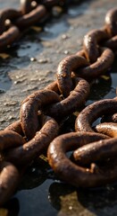 Fototapeta premium Close-up of a rusty chain lying on a wet surface.