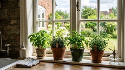 Fototapeta premium Fresh herbs growing in pots on kitchen window