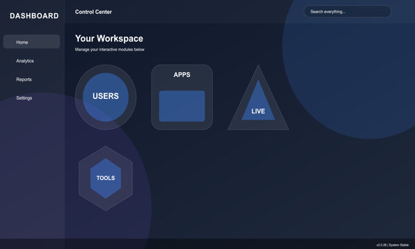 Modern dashboard control center workspace UI interface admin panel analytics apps users tools live system dark theme design
