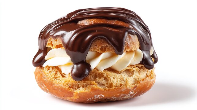 Chocolate-covered profiterole with vanilla cream filling, isolated on a clean white background