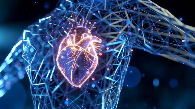 Holographic human 3rd person view, Neuron Shaped Humans inside a neuron-network- 3Dtriangle spider web, Human heart Pumping Electiral life force,