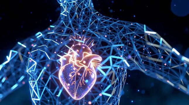 Holographic human 3rd person view, Neuron Shaped Humans inside a neuron-network- 3Dtriangle spider web, Human heart Pumping Electiral life force,