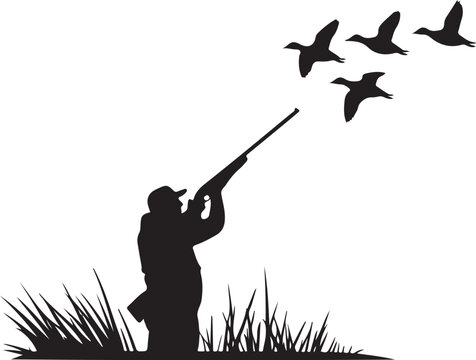 Hunter shooting at flying birds in silhouette hunting