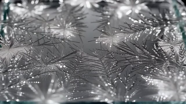 Time-lapse of beautiful silver ice crystals and frost patterns growing across a glass surface in a symmetrical floral design.