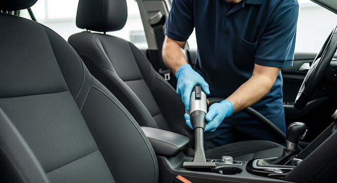Professional auto detailer cleaning car interior with vacuum, vehicle cabin maintenance service