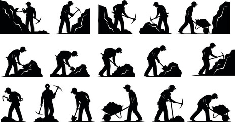 Mining worker silhouette set using pickaxe and shovel breaking rocks and transporting minerals with wheelbarrow industrial labor concept isolated on white background vector illustration © SreeShontusChandra