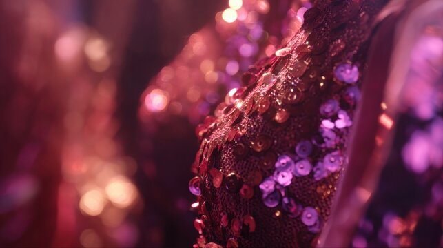 Close up of shimmering sequin fabric catching the light with vibrant purple and red hues