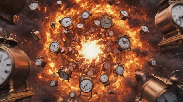 Spiral of ancient clocks in fiery time vortex concept. Surreal explosion of vintage clocks in fiery chaos symbolizing time destruction and urgency